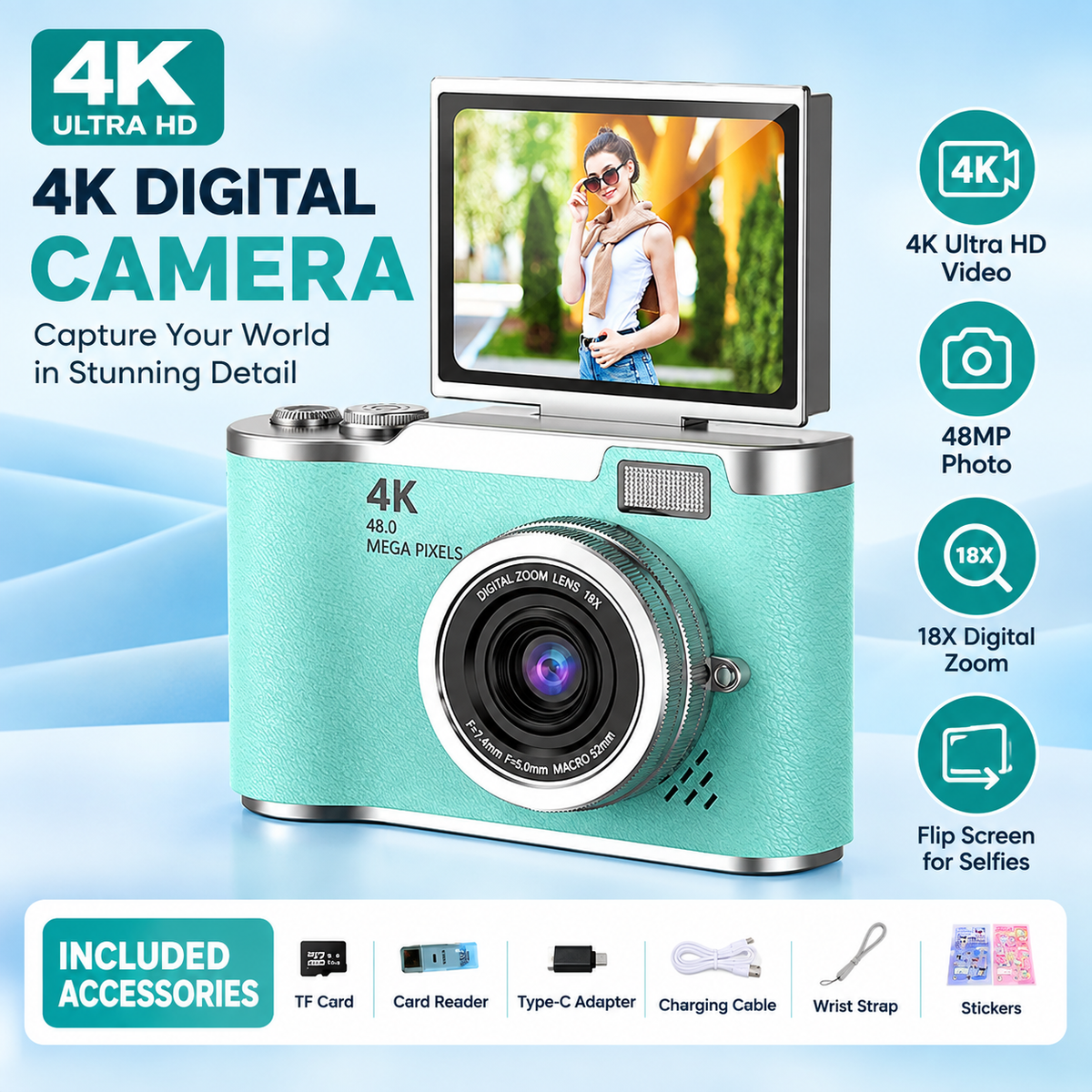 📸 4K Digital Vlogging Camera: 48MP Compact Point-and-Shoot with 180° Flip Screen – Built-in Fill Light & 16X Zoom – 32GB Card Included for Travel & Content