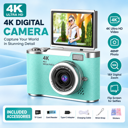 📸 4K Digital Vlogging Camera: 48MP Compact Point-and-Shoot with 180° Flip Screen – Built-in Fill Light & 16X Zoom – 32GB Card Included for Travel & Content