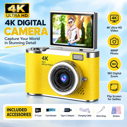 📸 4K Digital Vlogging Camera: 48MP Compact Point-and-Shoot with 180° Flip Screen – Built-in Fill Light & 16X Zoom – 32GB Card Included for Travel & Content