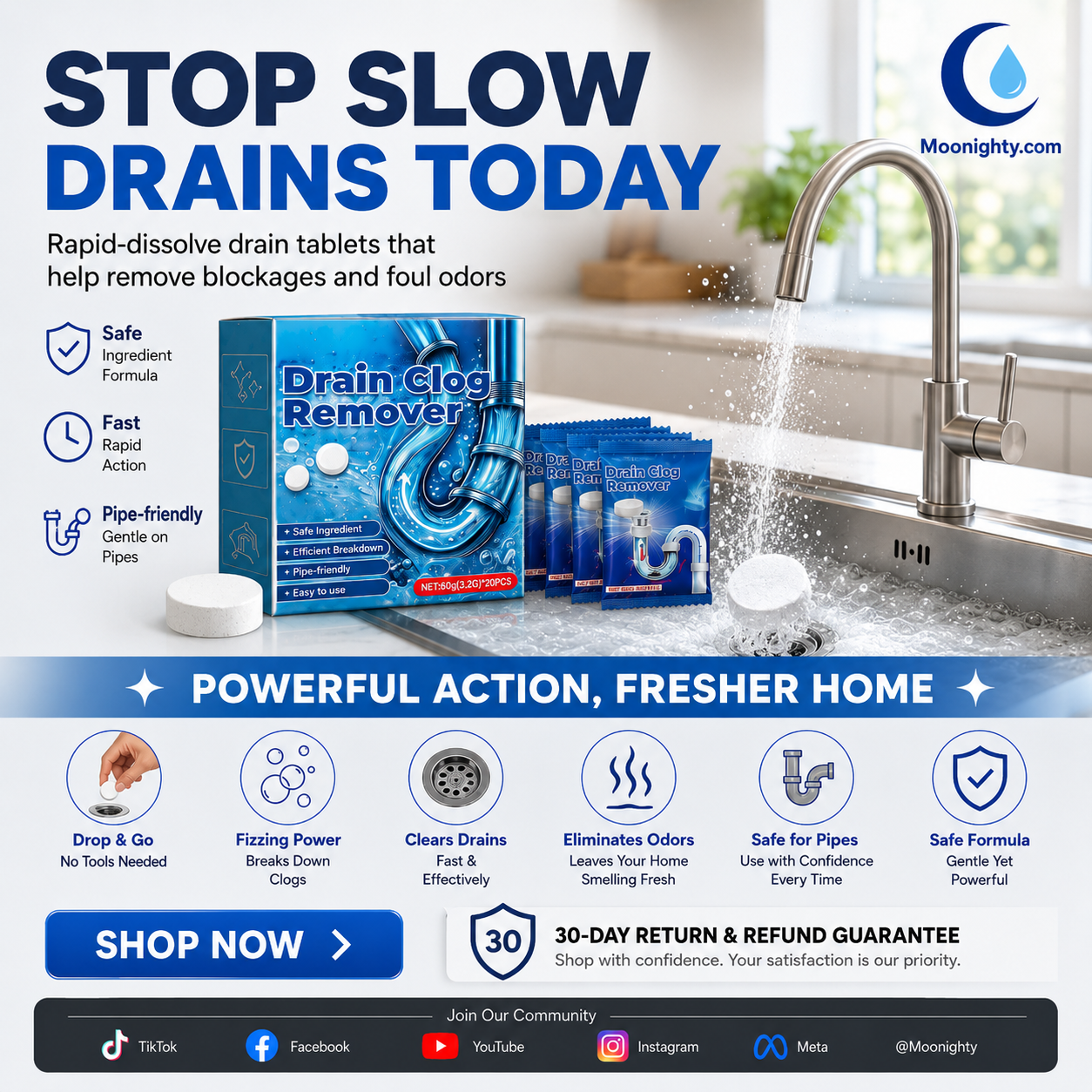 Effervescent Drain Clog Remover Tablets