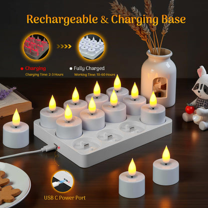 🕯6 / 12 Pack Rechargeable Flickering LED Tealight Candles with Charging Base, Remote & Timer | Safe Flameless Lights for Halloween Party Home Decor🕯️