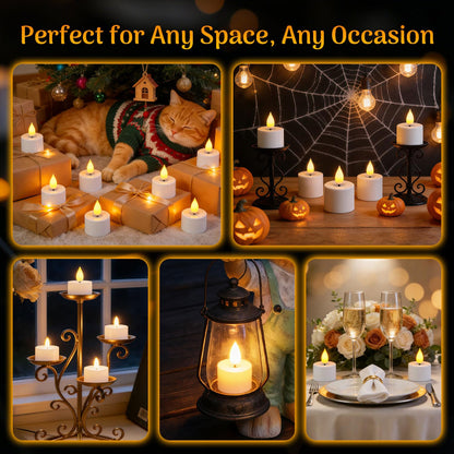🕯6 / 12 Pack Rechargeable Flickering LED Tealight Candles with Charging Base, Remote & Timer | Safe Flameless Lights for Halloween Party Home Decor🕯️