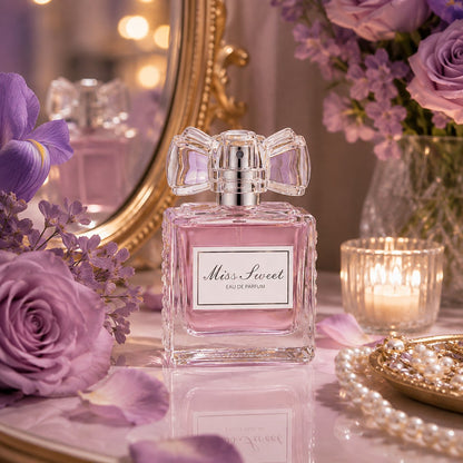 🎀 Miss Sweet Women's Fragrance – Crystal Bow Rose-Inspired Eau de Parfum in Blush Pink, Champagne Gold & Soft Violet