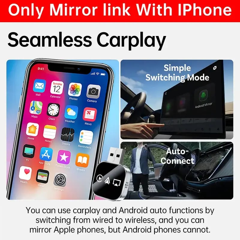 📶  2026 Upgrade 3 in 1 Screen Mirror iOS Phone, wired to wireless Carplay adapter