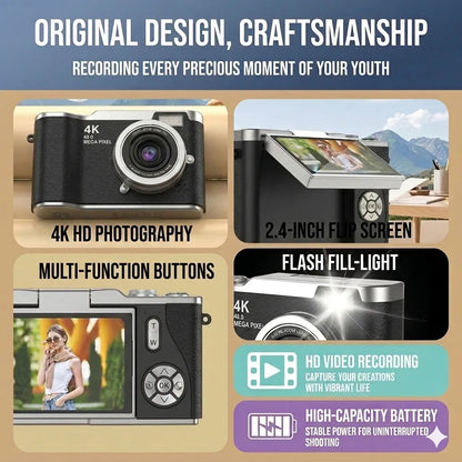 📸 4K Digital Vlogging Camera: 48MP Compact Point-and-Shoot with 180° Flip Screen – Built-in Fill Light & 16X Zoom – 32GB Card Included for Travel & Content