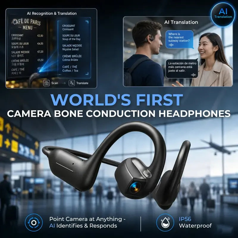 🎧 E12 Bone Conduction Open-Ear Audio Glasses with 8MP HD EIS Camera – 160+ Language AI Translation, Bluetooth Sports Headset & IP56 Waterproof Wearable for Cycling, Vlogging & Action Video