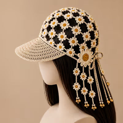 Handcrafted Floral Crochet Baseball Cap | Hollow-Out Knit Boho Hat with Hanging Tassels