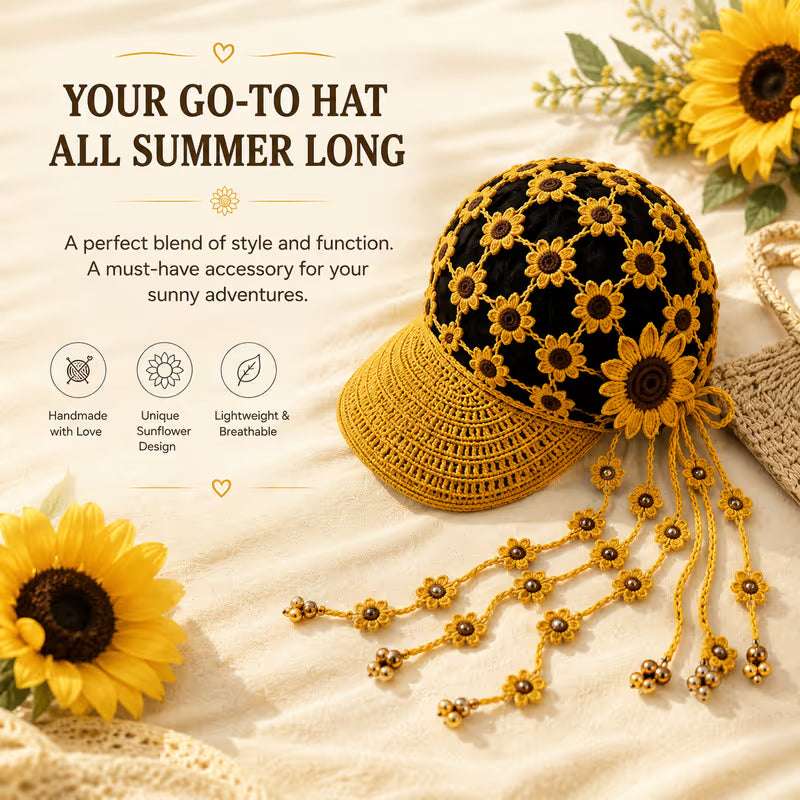 Handcrafted Floral Crochet Baseball Cap | Hollow-Out Knit Boho Hat with Hanging Tassels