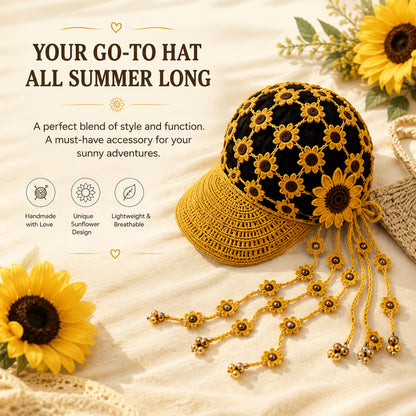 Handcrafted Floral Crochet Baseball Cap | Hollow-Out Knit Boho Hat with Hanging Tassels