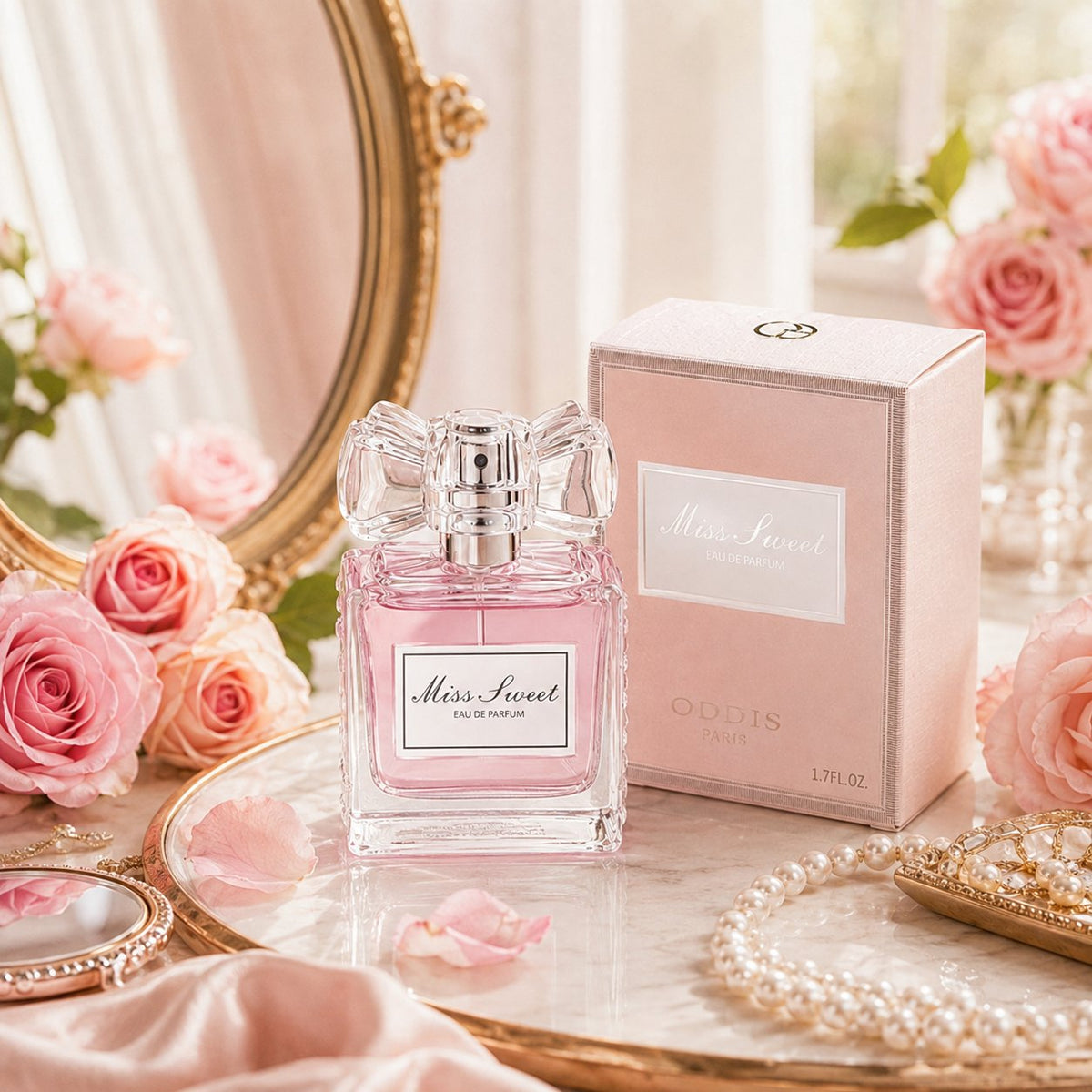 🎀 Miss Sweet Women's Fragrance – Crystal Bow Rose-Inspired Eau de Parfum in Blush Pink, Champagne Gold & Soft Violet