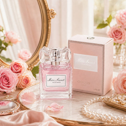 🎀 Miss Sweet Women's Fragrance – Crystal Bow Rose-Inspired Eau de Parfum in Blush Pink, Champagne Gold & Soft Violet