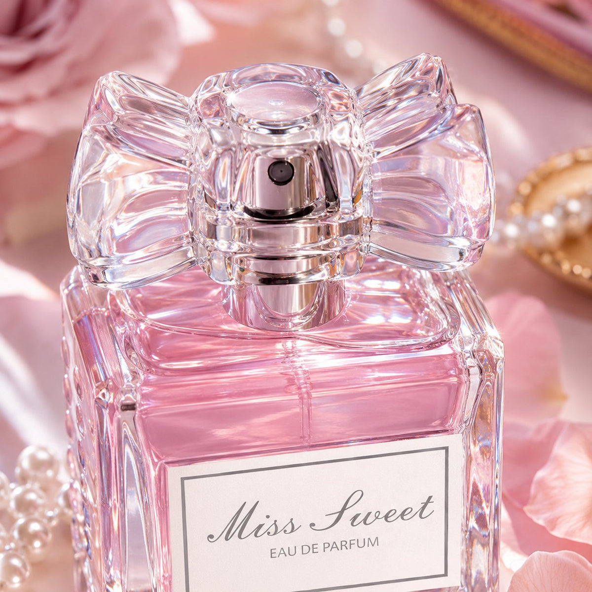 🎀 Miss Sweet Women's Fragrance – Crystal Bow Rose-Inspired Eau de Parfum in Blush Pink, Champagne Gold & Soft Violet