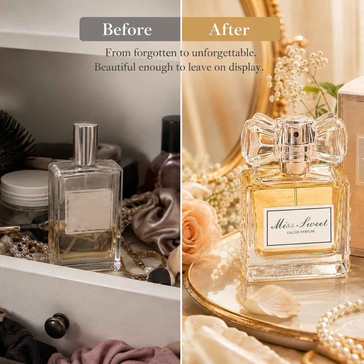 🎀 Miss Sweet Women's Fragrance – Crystal Bow Rose-Inspired Eau de Parfum in Blush Pink, Champagne Gold & Soft Violet
