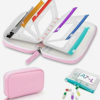💊A8 Waterproof 14-Pouch Weekly Pill Organizer, Color-Coded Travel Storage for Vitamins & Supplements