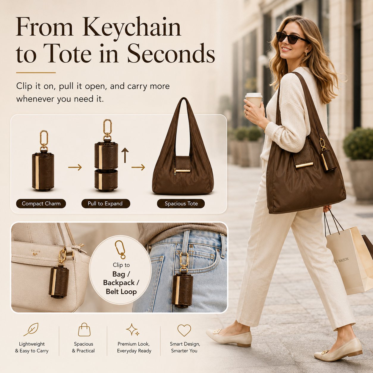 Toworkact™ Varelli Charm Transformable Bag – Stylish Vegan Leather Tote & Keychain Charm