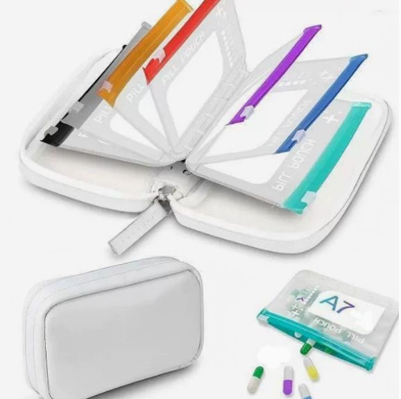 💊A8 Waterproof 14-Pouch Weekly Pill Organizer, Color-Coded Travel Storage for Vitamins & Supplements