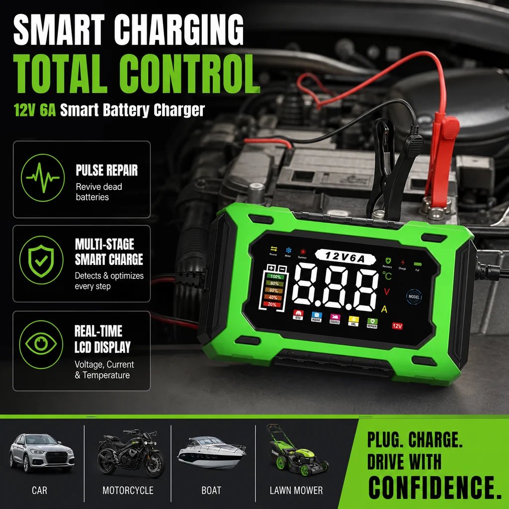 ⏳Time-Limited Special⏰12V 6A Smart Car Battery Charger – Pulse Repair Technology, Auto Maintain & Desulfation⚡