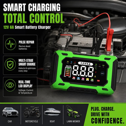 ⏳Time-Limited Special⏰12V 6A Smart Car Battery Charger – Pulse Repair Technology, Auto Maintain & Desulfation⚡