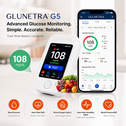 🩺 GLUNETRATM G5 Non-Invasive Glucose & Health Monitor | 🩸 No Finger Pricks Blood Sugar Monitoring Device  | ✅ ADA Licensed Product